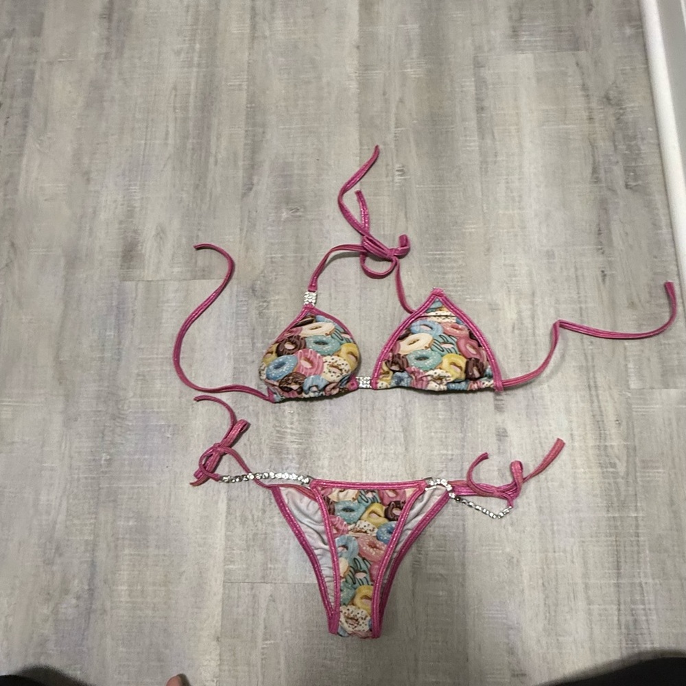Pink Trim Multicolor Print Triangle Bikini Top and Tie-Side Bottoms